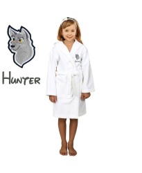 Grey Fox Cartoon Design & Custom Name Embroidery on Kids Hooded Bathrobe